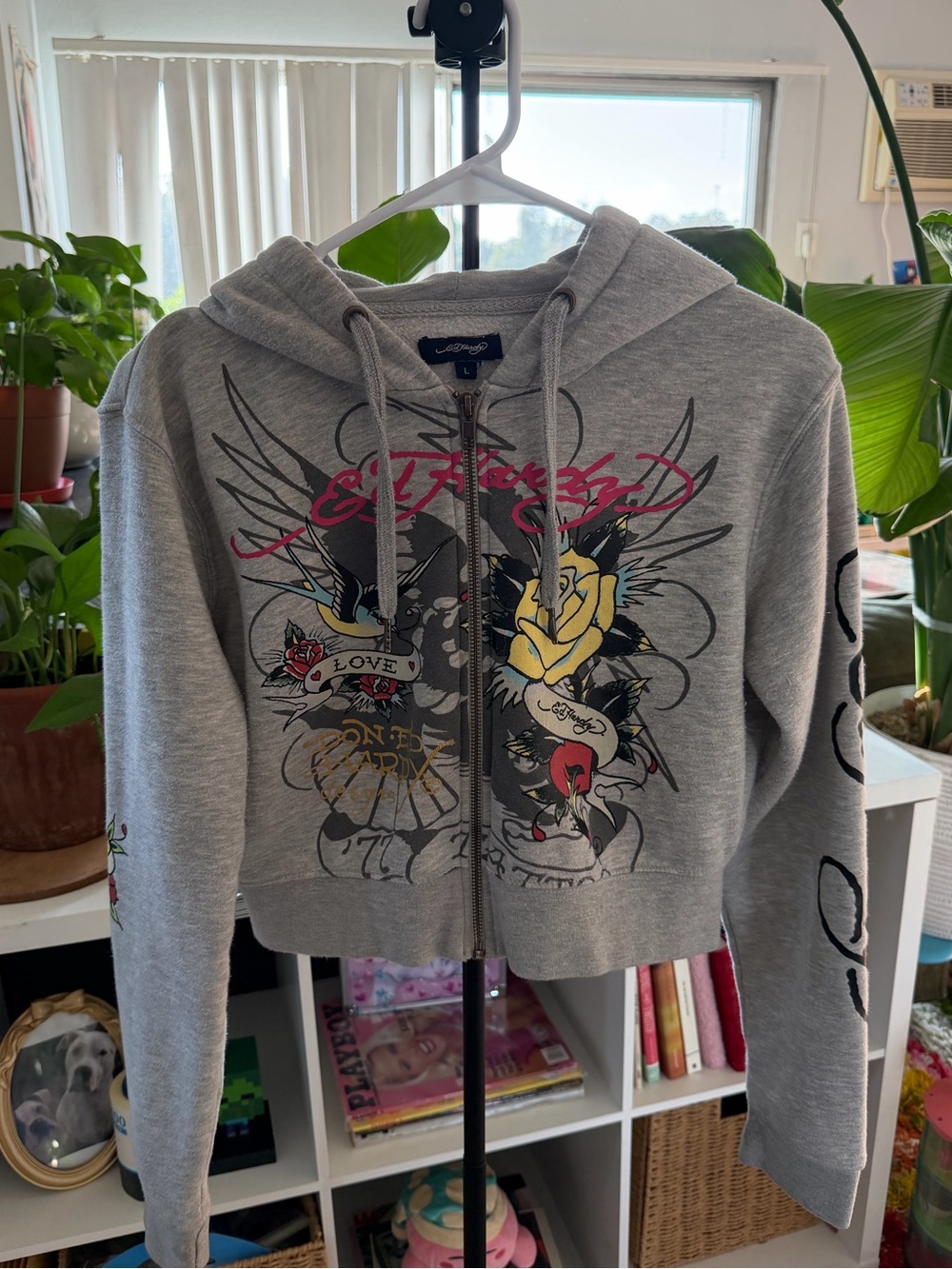 Ed Hardy Gray Cropped Zip-Up Hoodie with Multicolor Tattoo Graphic